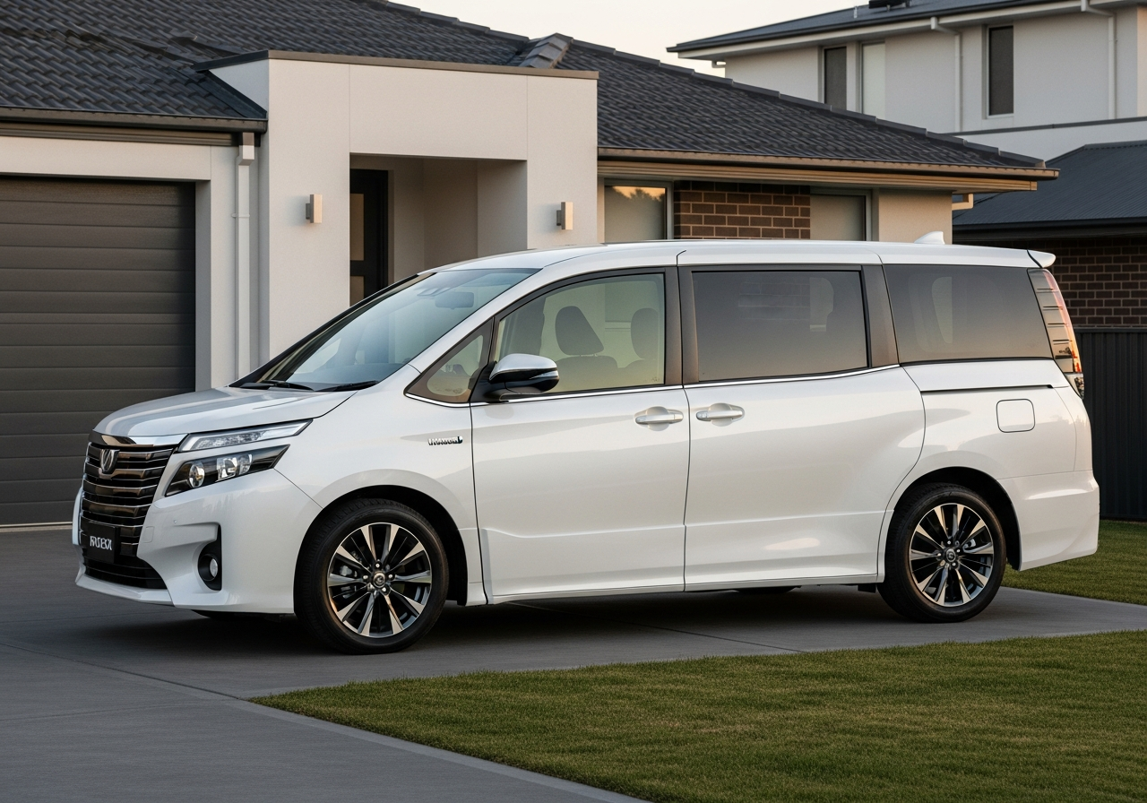 A white Toyota Noah Hybrid X, a fuel-saving seven-seat people mover, parked in a suburban driveway.